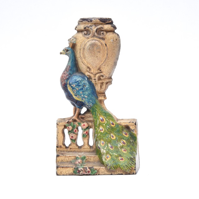 Hubley Art Nouveau Peacock and Urn Cast Iron Doorstop, Circa 1910