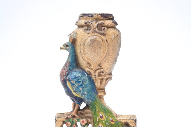 Hubley Art Nouveau Peacock and Urn Cast Iron Doorstop, Circa 1910
