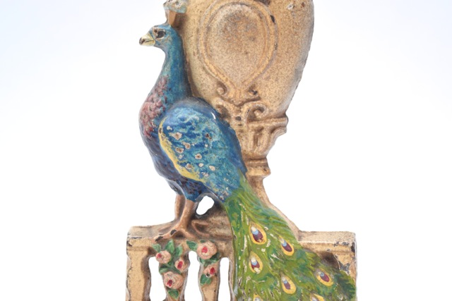 Hubley Art Nouveau Peacock and Urn Cast Iron Doorstop, Circa 1910