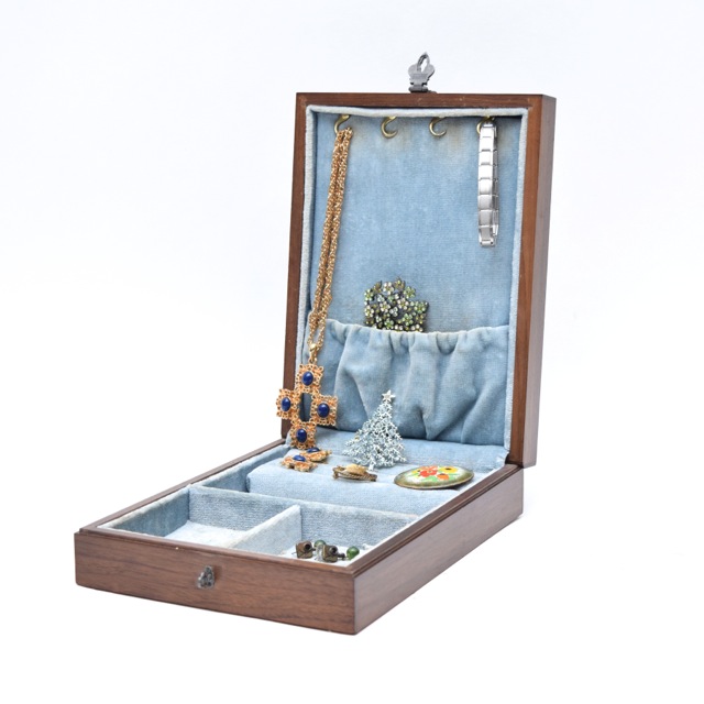 Vintage Walnut Decatur Jewelry Box with Costume Jewelry