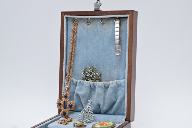 Vintage Walnut Decatur Jewelry Box with Costume Jewelry