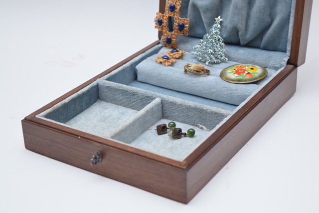 Vintage Walnut Decatur Jewelry Box with Costume Jewelry