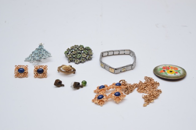 Vintage Walnut Decatur Jewelry Box with Costume Jewelry