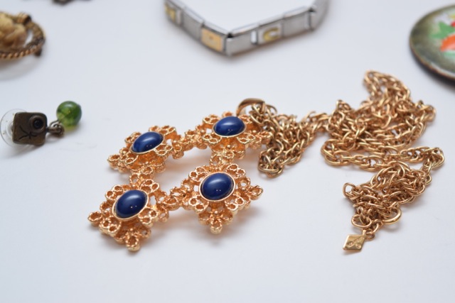 Vintage Walnut Decatur Jewelry Box with Costume Jewelry