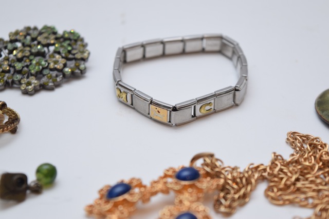 Vintage Walnut Decatur Jewelry Box with Costume Jewelry