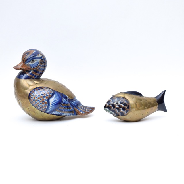 Vintage Tonala Style Brass and Ceramic Duck and Fish Figurines