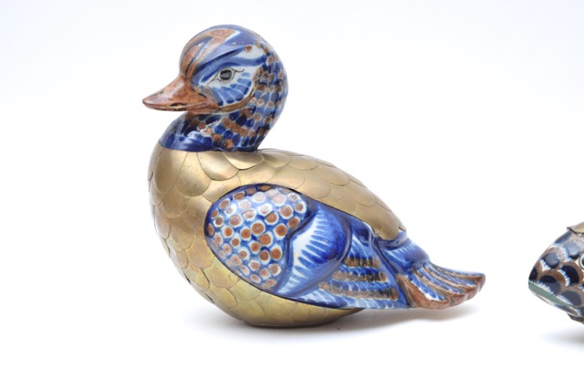 Vintage Tonala Style Brass and Ceramic Duck and Fish Figurines