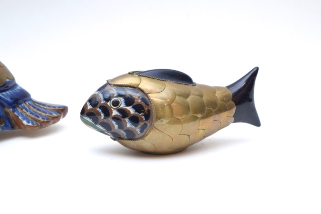 Vintage Tonala Style Brass and Ceramic Duck and Fish Figurines