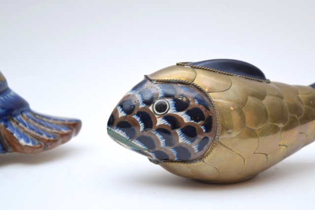 Vintage Tonala Style Brass and Ceramic Duck and Fish Figurines