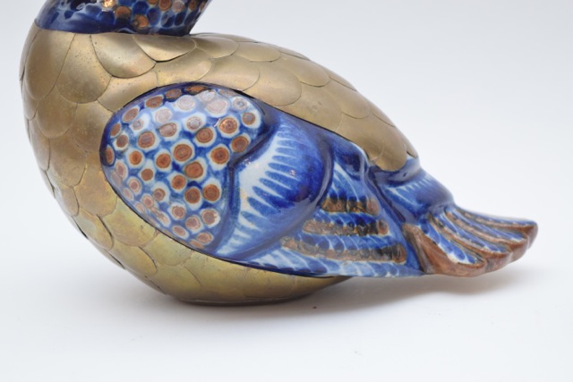 Vintage Tonala Style Brass and Ceramic Duck and Fish Figurines