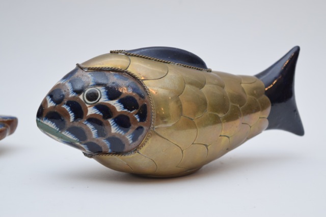 Vintage Tonala Style Brass and Ceramic Duck and Fish Figurines