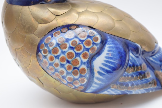 Vintage Tonala Style Brass and Ceramic Duck and Fish Figurines