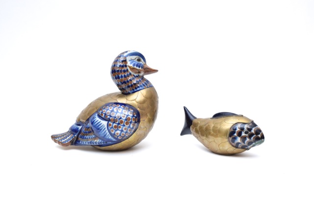 Vintage Tonala Style Brass and Ceramic Duck and Fish Figurines