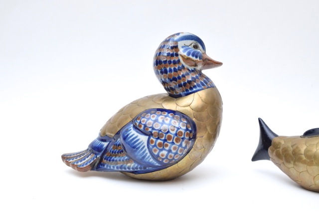 Vintage Tonala Style Brass and Ceramic Duck and Fish Figurines