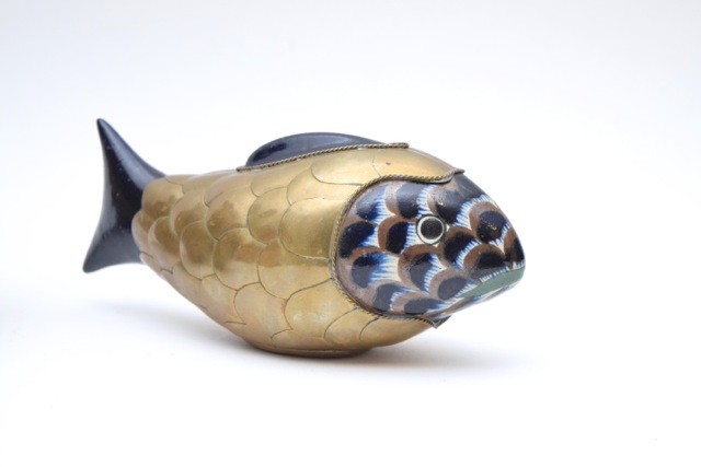 Vintage Tonala Style Brass and Ceramic Duck and Fish Figurines