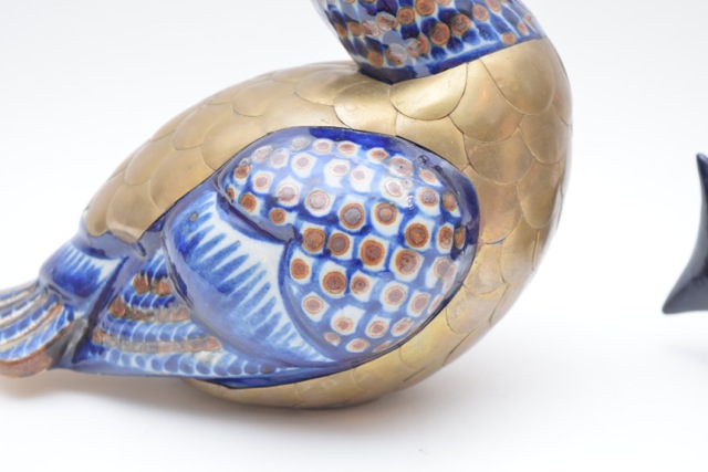 Vintage Tonala Style Brass and Ceramic Duck and Fish Figurines