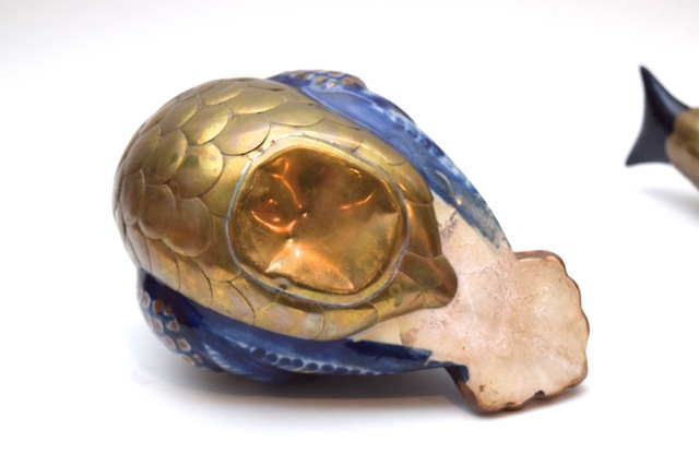 Vintage Tonala Style Brass and Ceramic Duck and Fish Figurines