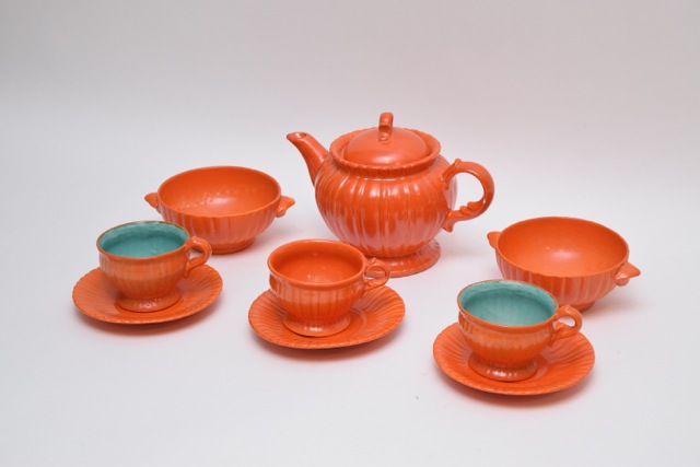 Vintage Stangl Tangerine and Turquoise "Colonial" Tea Set