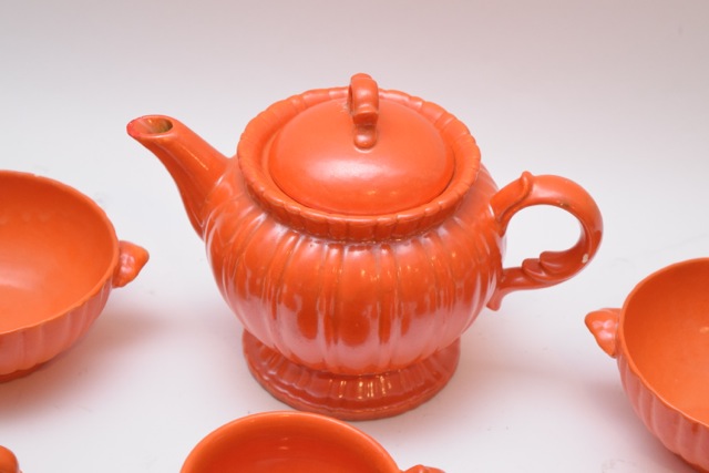 Vintage Stangl Tangerine and Turquoise "Colonial" Tea Set