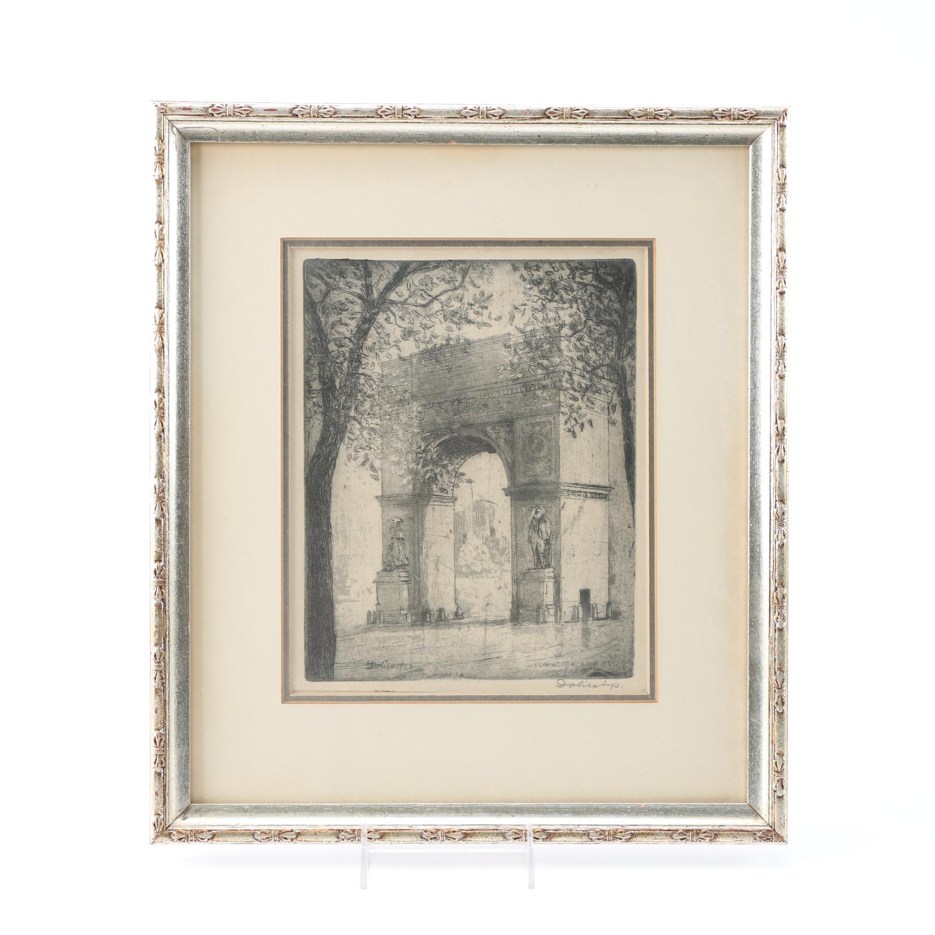 Circa 1922 Leon Dolice Etching and Aquatint "Washington Arch, NYC"
