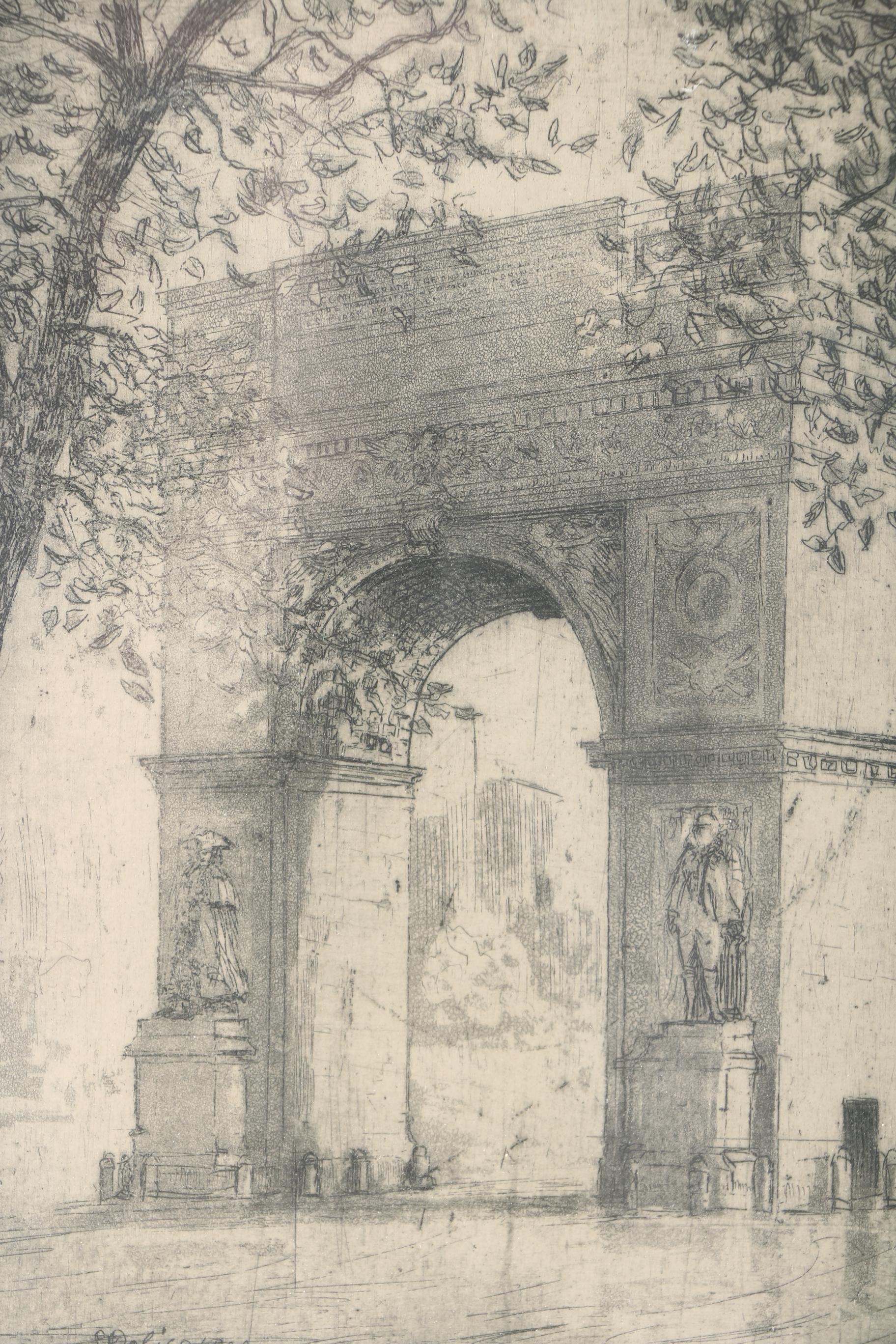 Circa 1922 Leon Dolice Etching and Aquatint "Washington Arch, NYC"