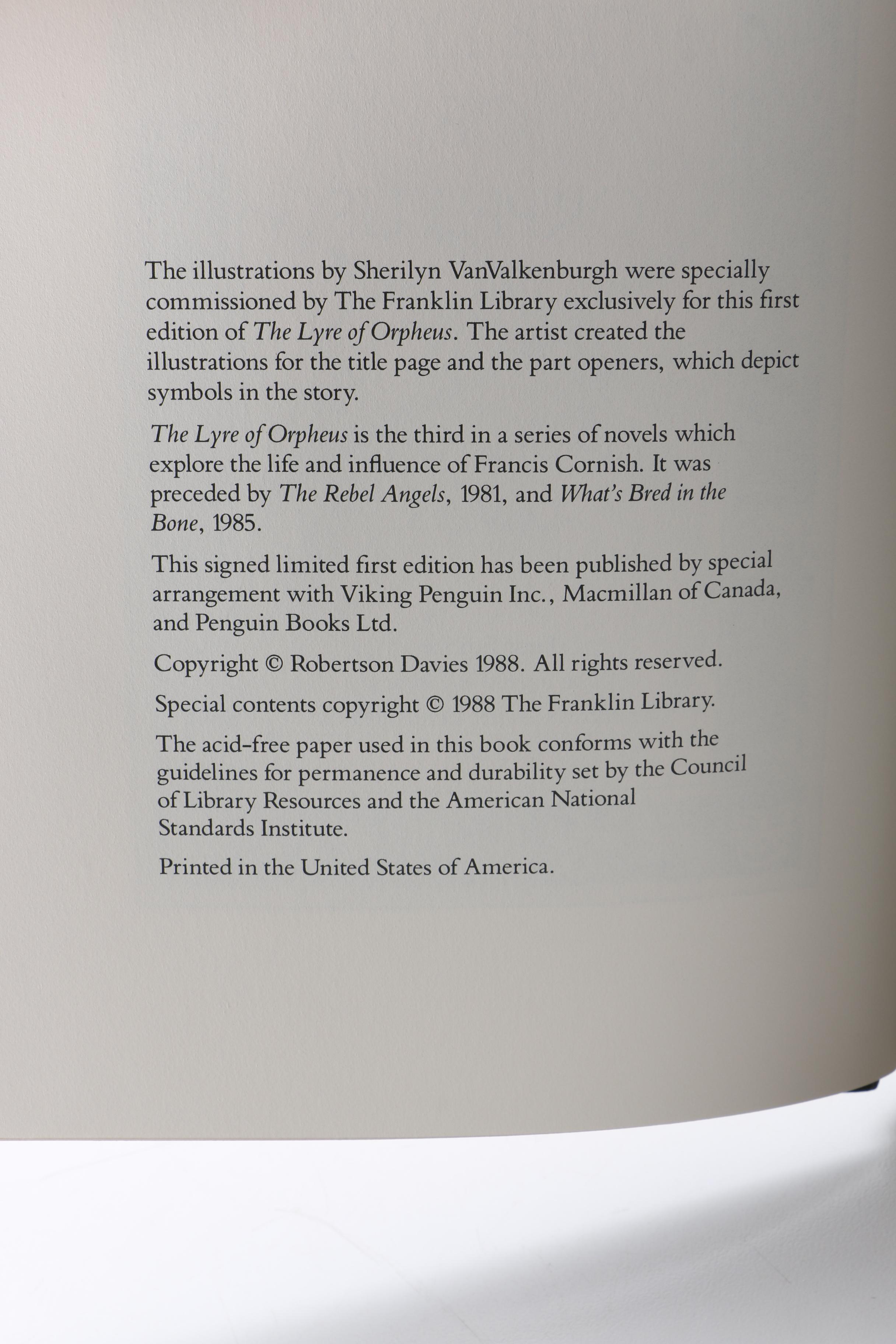 1988 Signed Limited First Edition Robertson Davies "The Lyre of Orpheus"