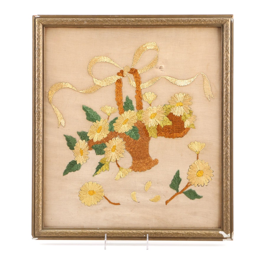 Late Victorian Framed Embroidery of Daisy Arrangement