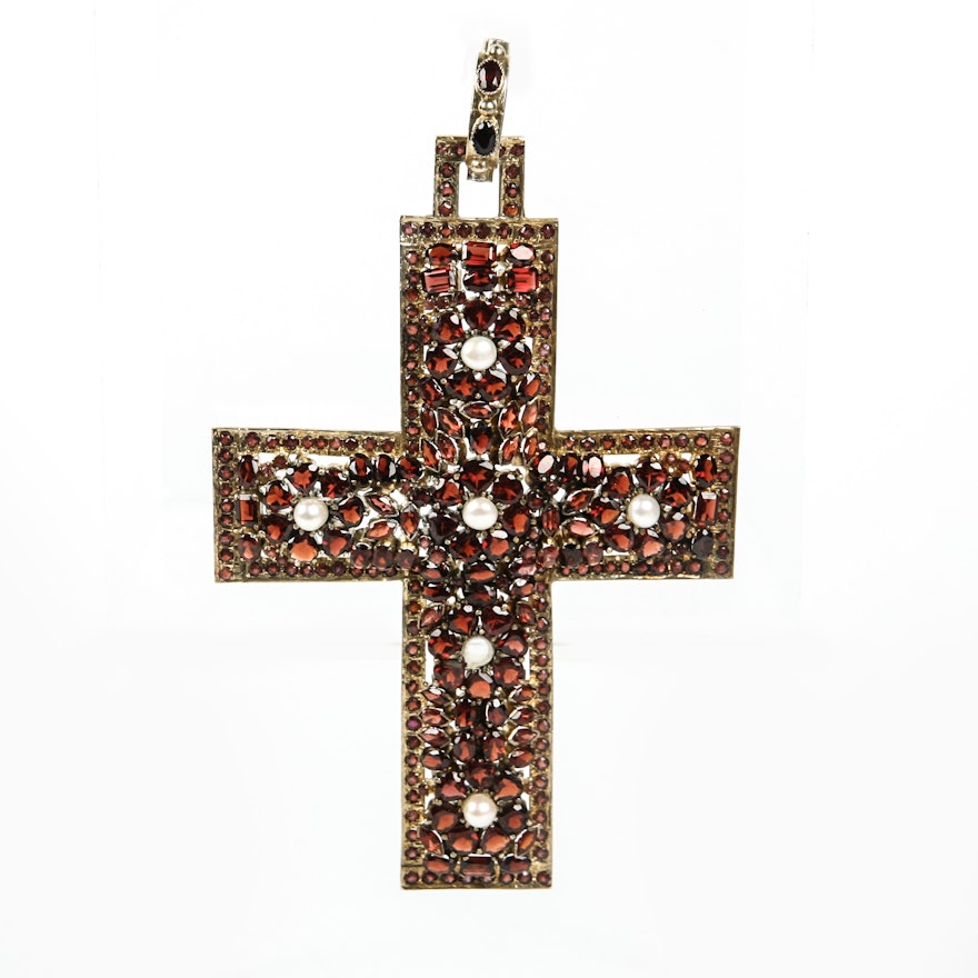 Garnet and Pearl Cross Pendant