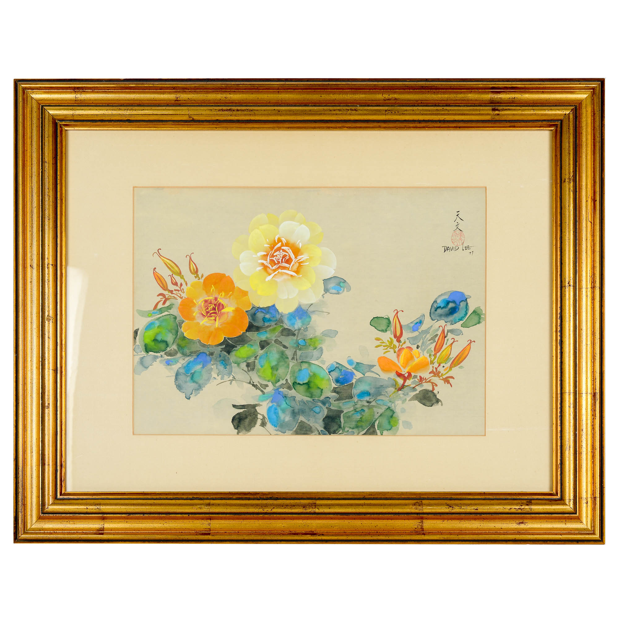 Original David Lee Ink on Silk Painting "Yellow Rose"