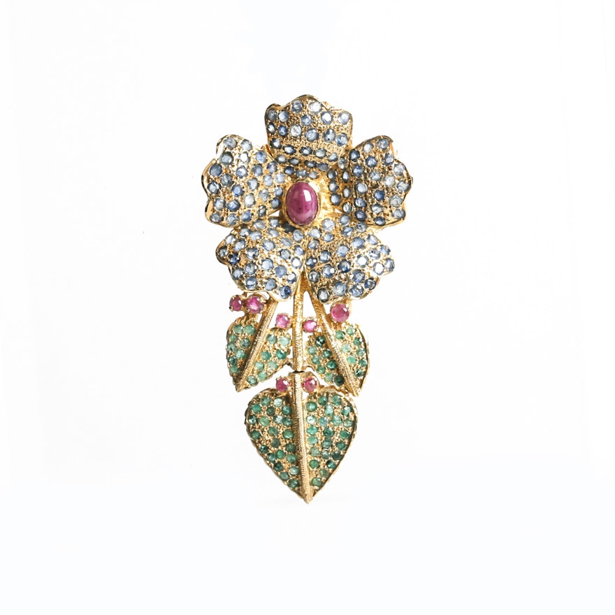 Gold Tone Emerald, Ruby, and Sapphire Flower Pendant