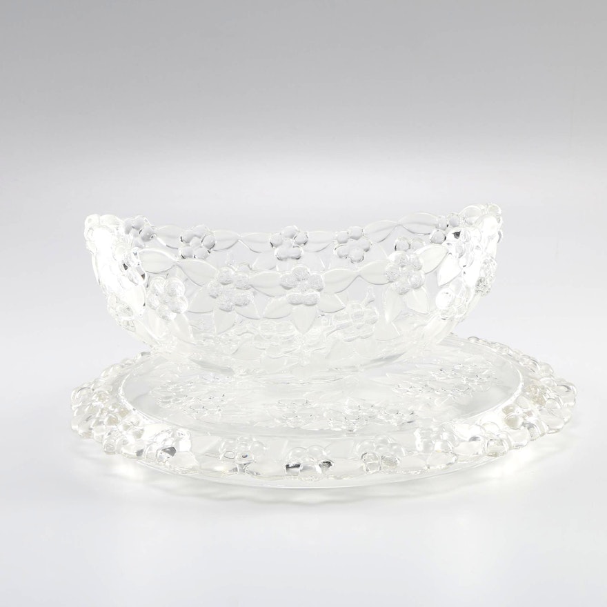Molded Glass Serving Bowl and Platter With Blossom Detailing