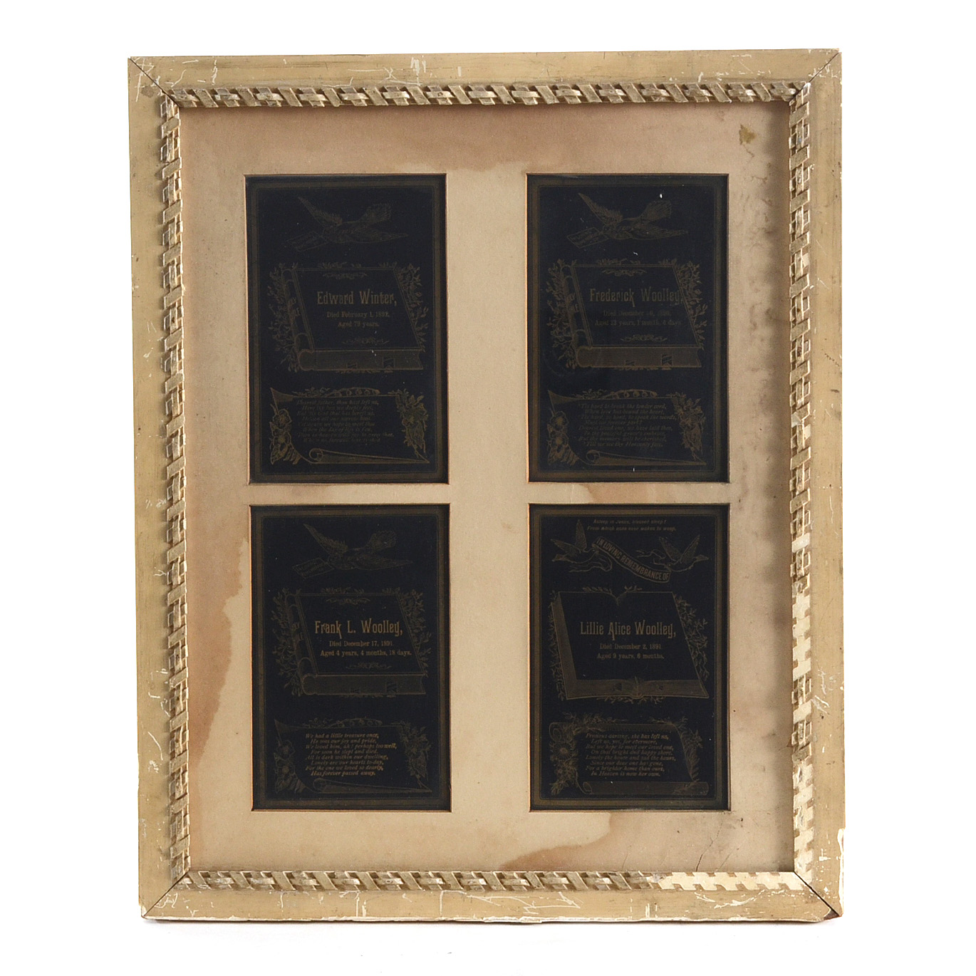1890s Framed Memorial Cards for Grandfather and Grandchildren