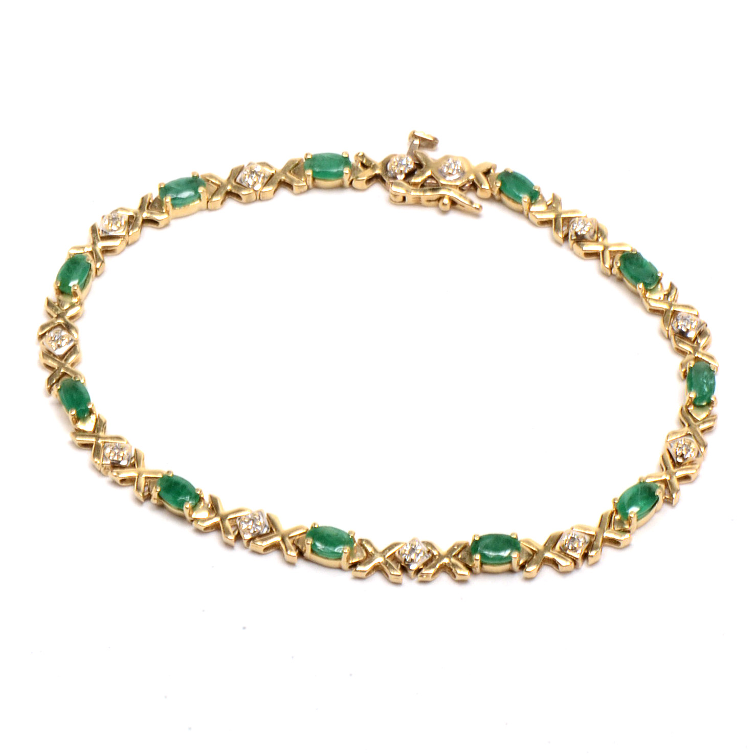 14K Yellow Gold Natural Emerald and Diamond Linked Bracelet