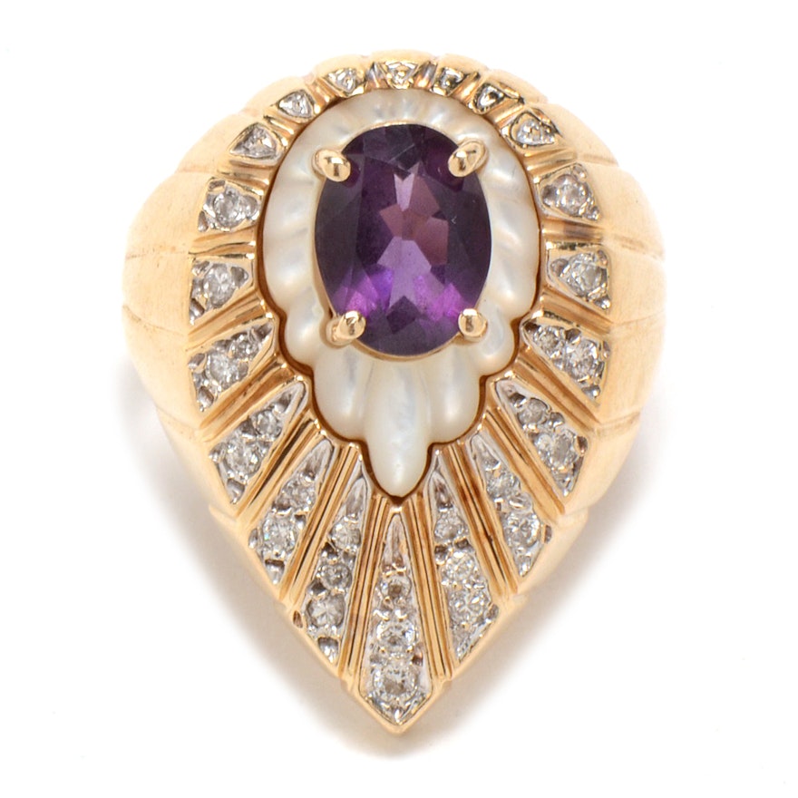 Erté 14K Yellow Gold Amethyst, Mother of Pearl and Diamond Ring