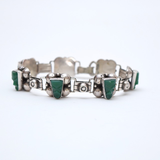 Vintage Mexican Silver and Green Onyx Warrior Mask Bracelet