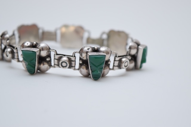 Vintage Mexican Silver and Green Onyx Warrior Mask Bracelet