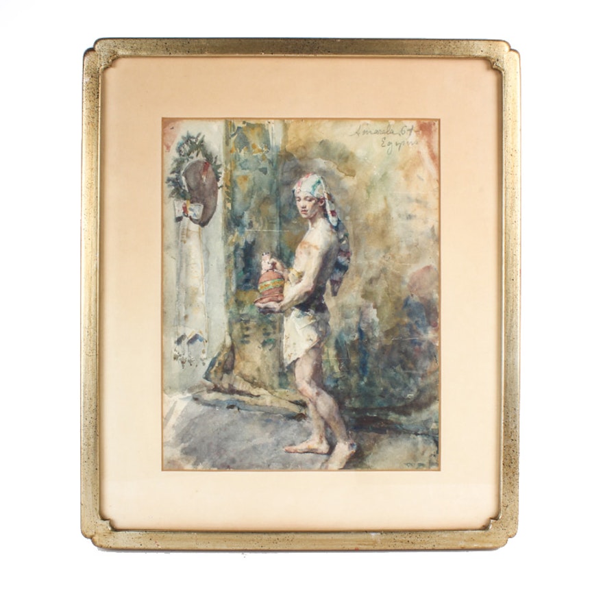 Framed Watercolor of Egyptian with a Jug