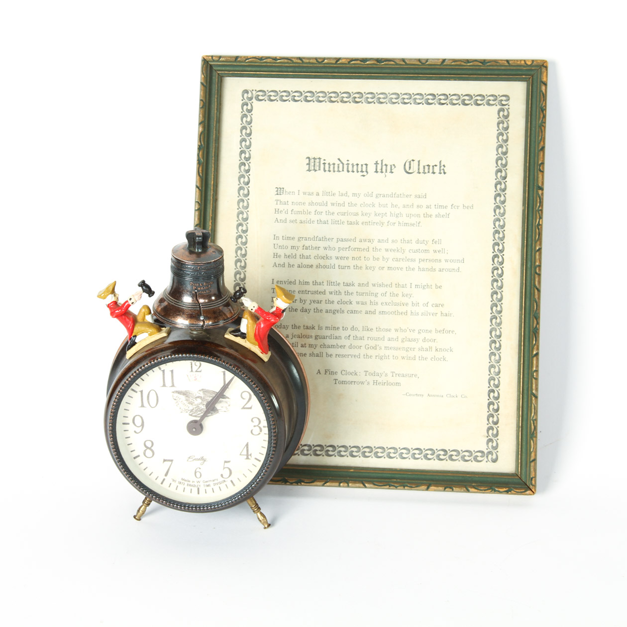 Vintage Novelty Wind-Up Alarm Clock & Framed Ansonia Clock Co Memo