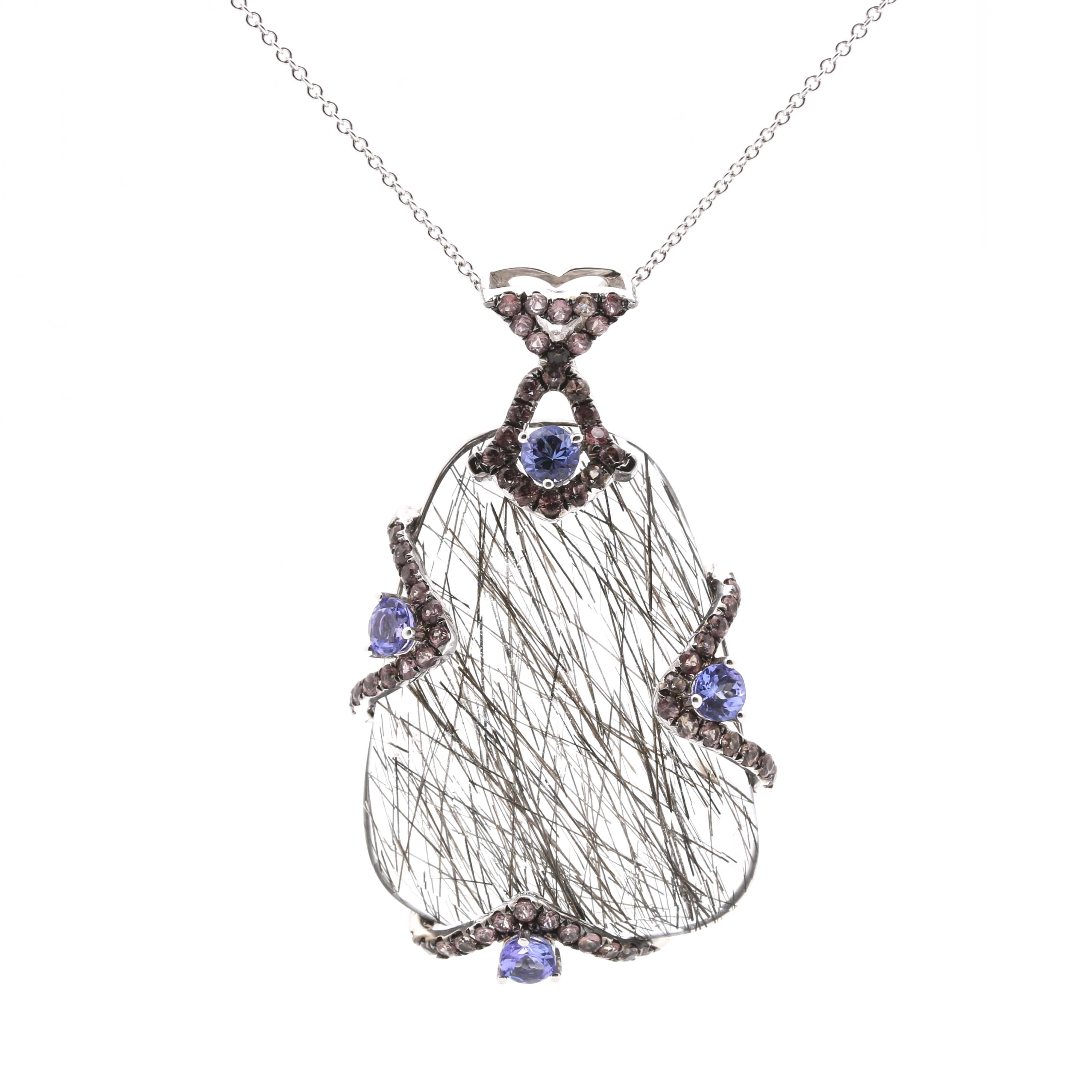 18K White Gold Tourmalinated Quartz, Sapphire, and Tanzanite Necklace