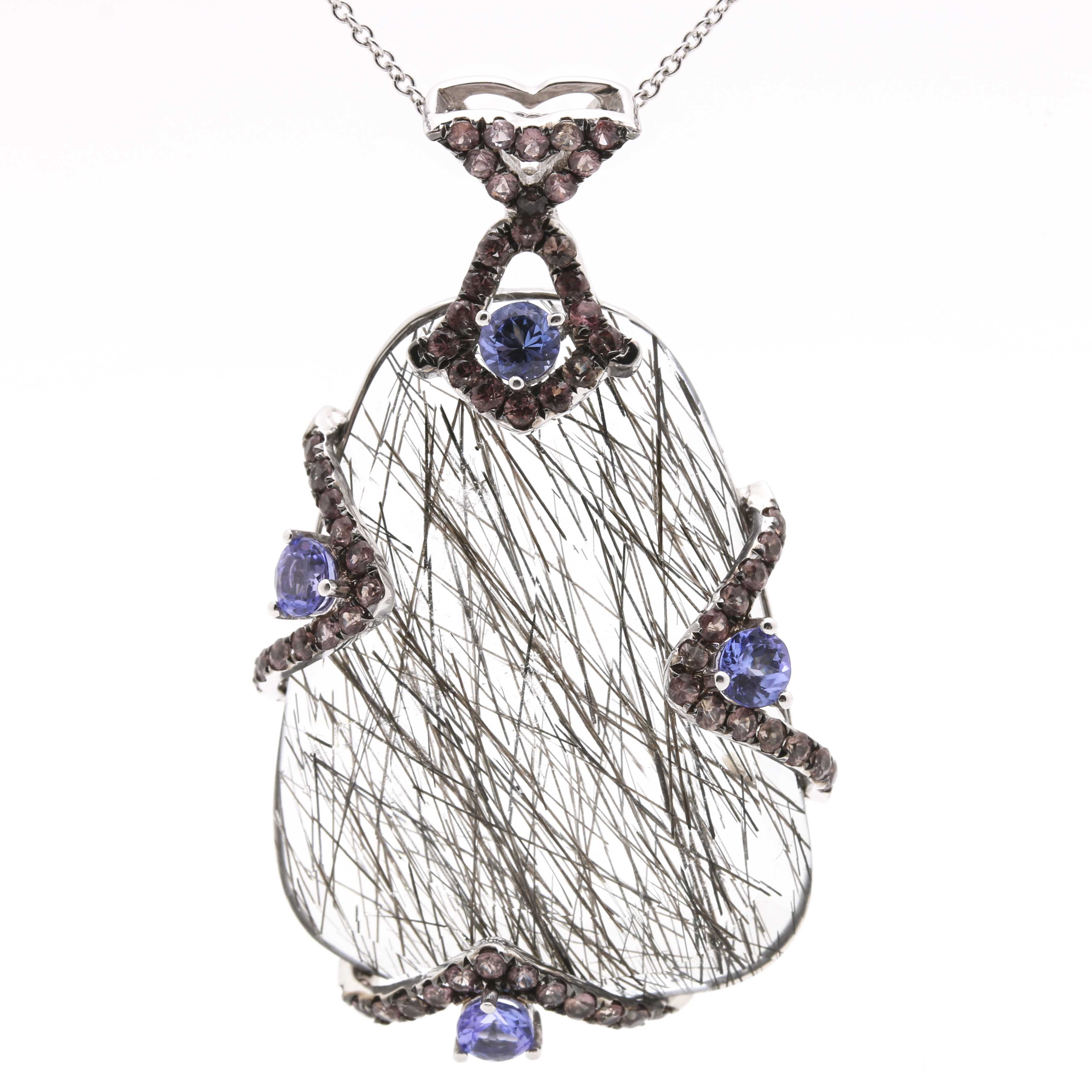 18K White Gold Tourmalinated Quartz, Sapphire, and Tanzanite Necklace