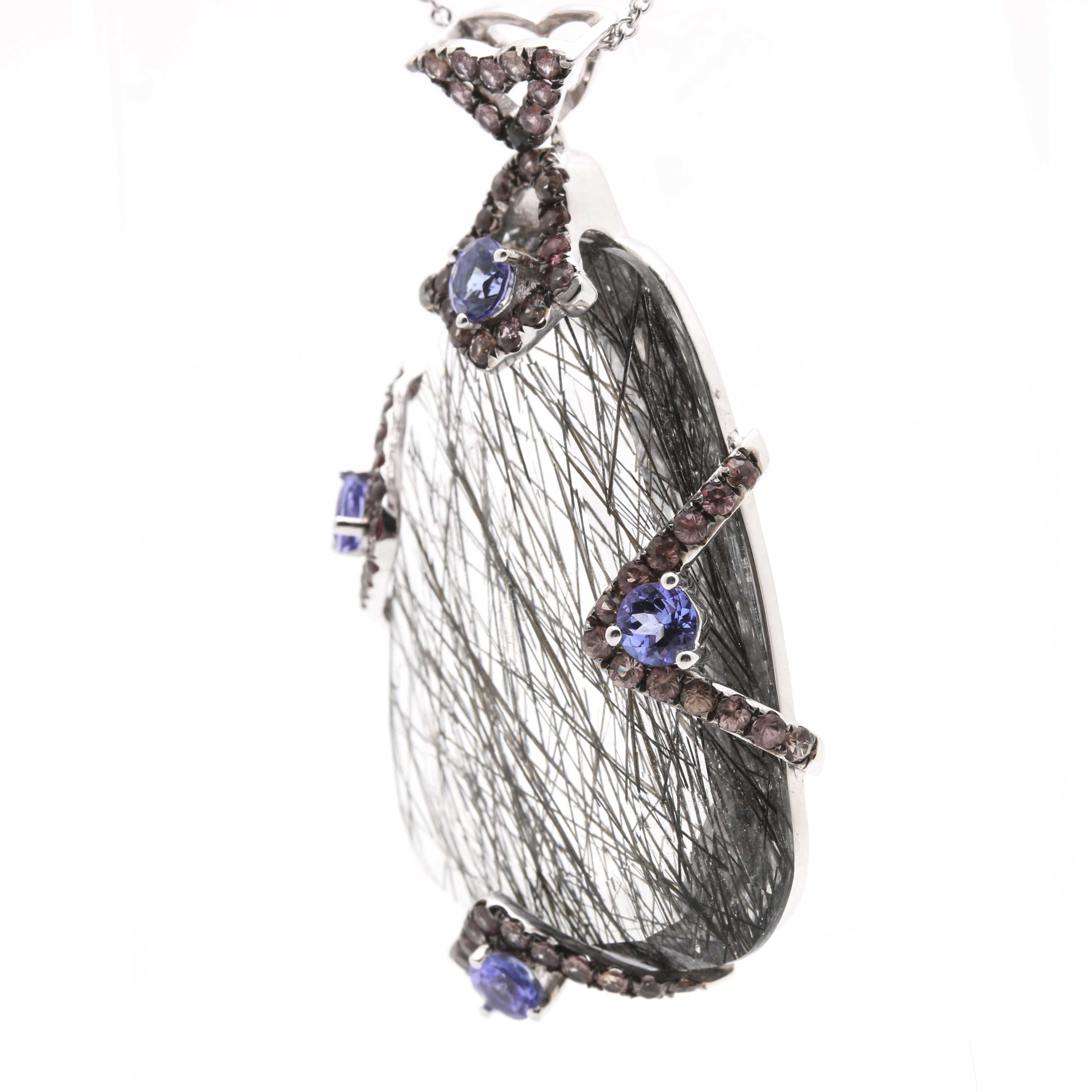 18K White Gold Tourmalinated Quartz, Sapphire, and Tanzanite Necklace