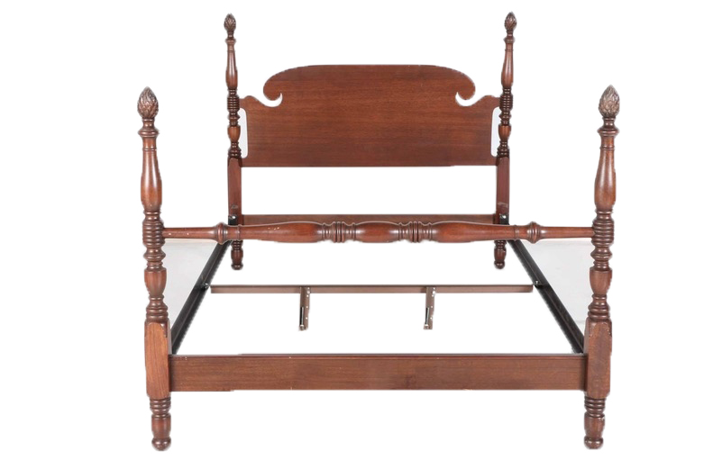Mahogany Finished Queen Size Four Poster Bed WIth Pinecone Finials