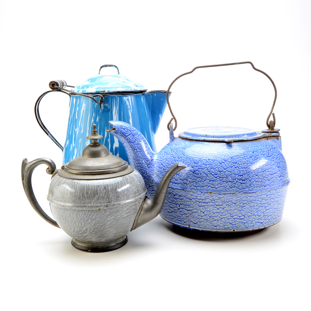 Group of Three Enameled Tin Antique Teapots and Coffee Pot