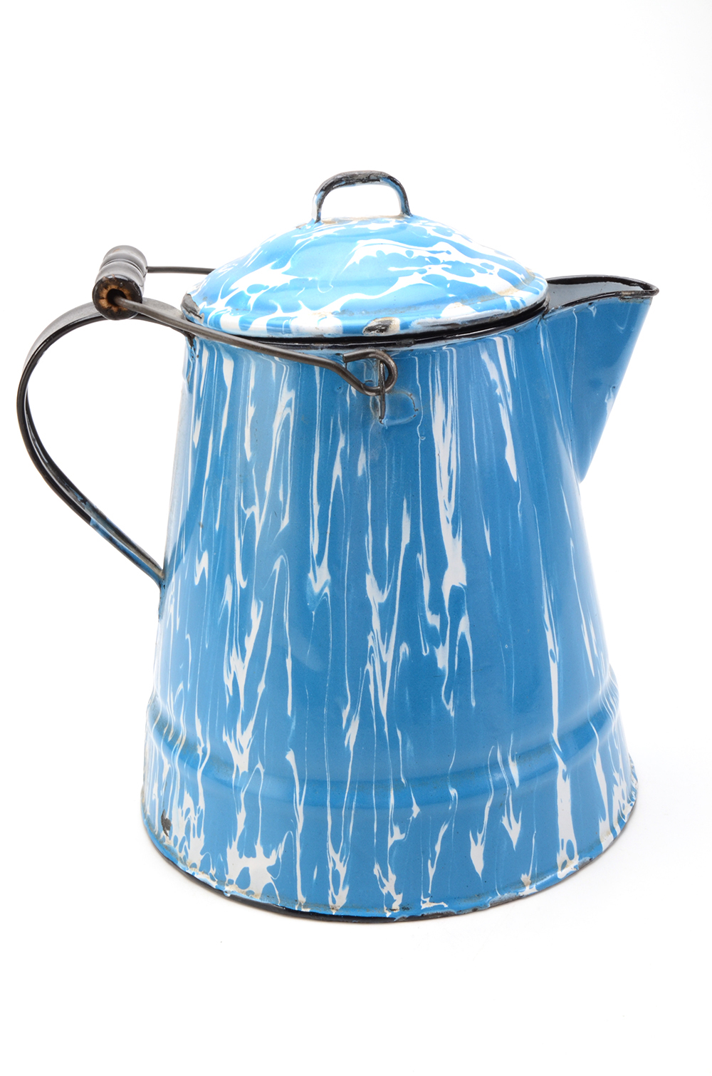 Group of Three Enameled Tin Antique Teapots and Coffee Pot