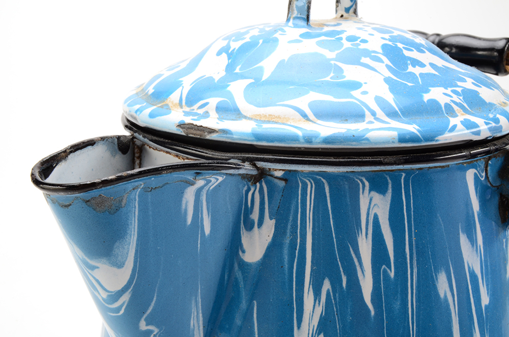 Group of Three Enameled Tin Antique Teapots and Coffee Pot