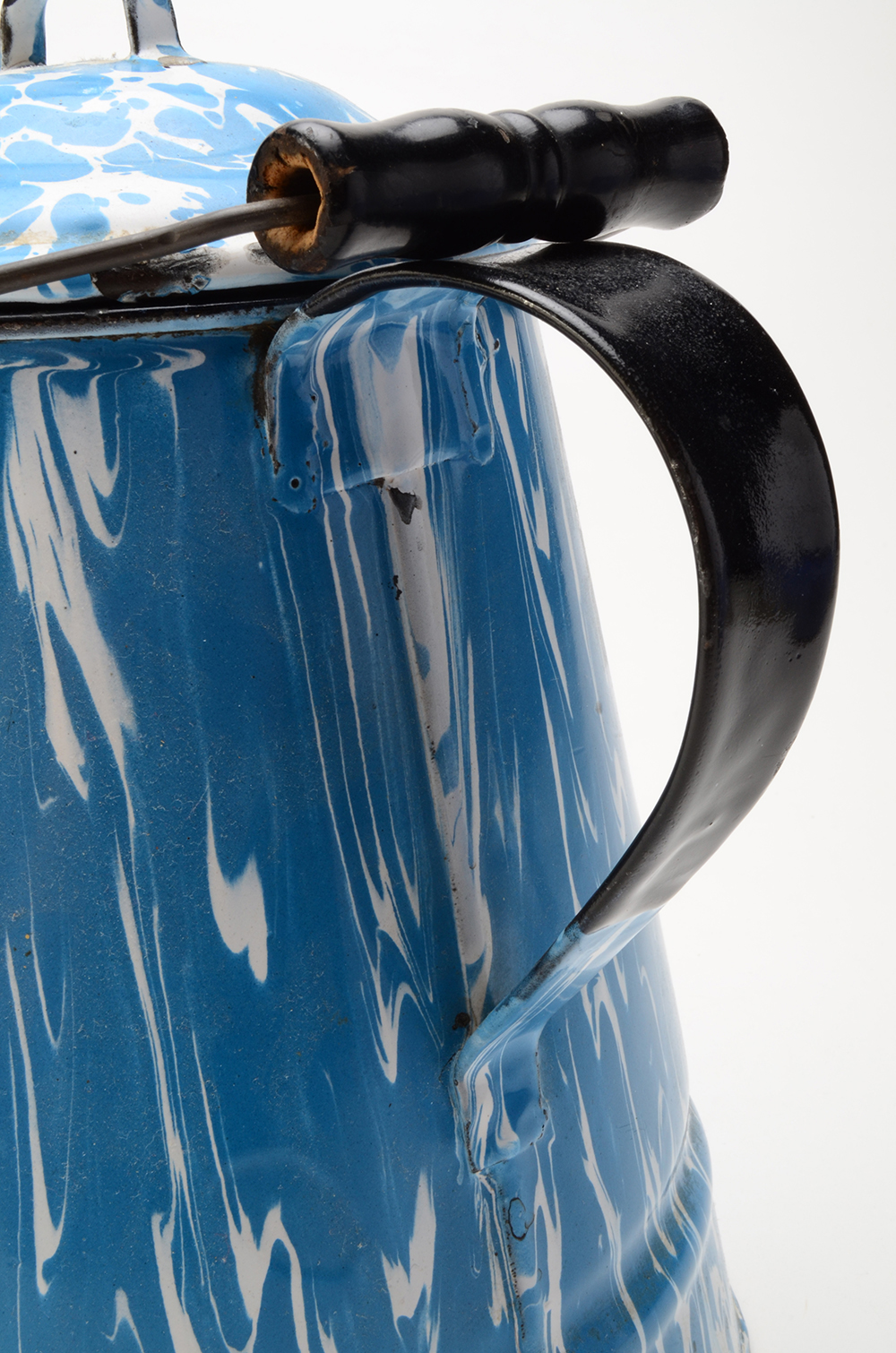 Group of Three Enameled Tin Antique Teapots and Coffee Pot