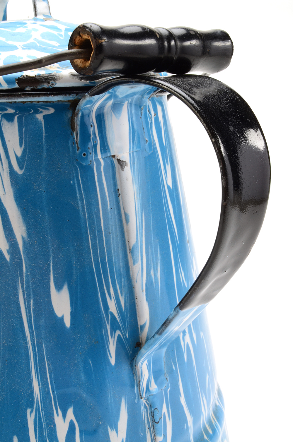 Group of Three Enameled Tin Antique Teapots and Coffee Pot