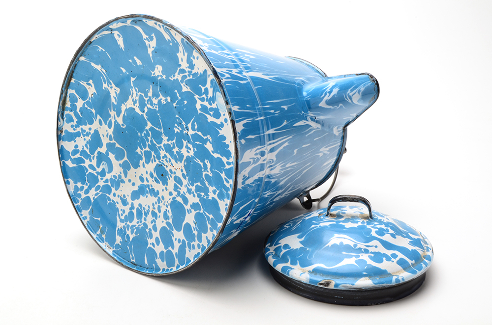 Group of Three Enameled Tin Antique Teapots and Coffee Pot