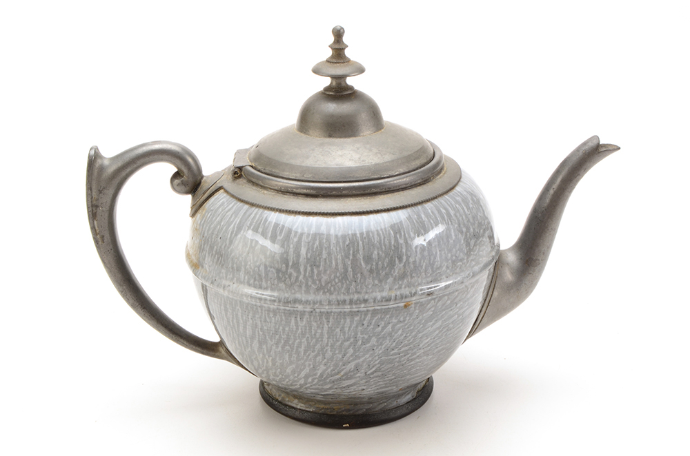 Group of Three Enameled Tin Antique Teapots and Coffee Pot