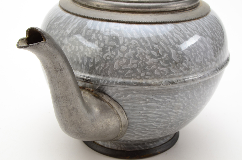 Group of Three Enameled Tin Antique Teapots and Coffee Pot